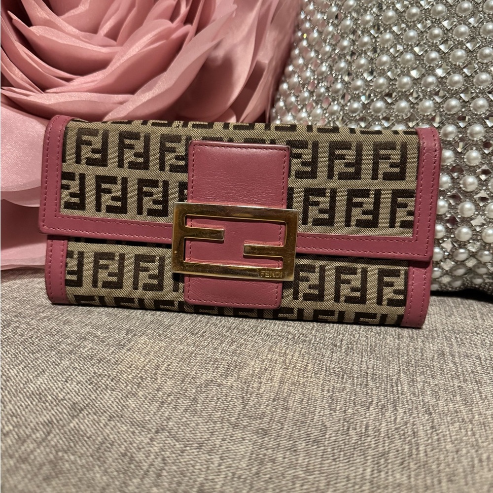 Fendi Pink and Brown Wallet with Gold Accent